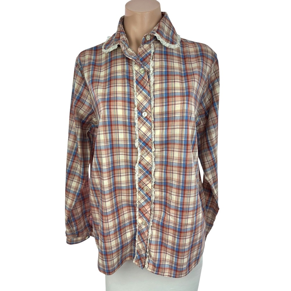 Russell Street Sunset MFG Vtg Blouse Sz 16 Red Blue Beige Poly/Cotton Long Sleev